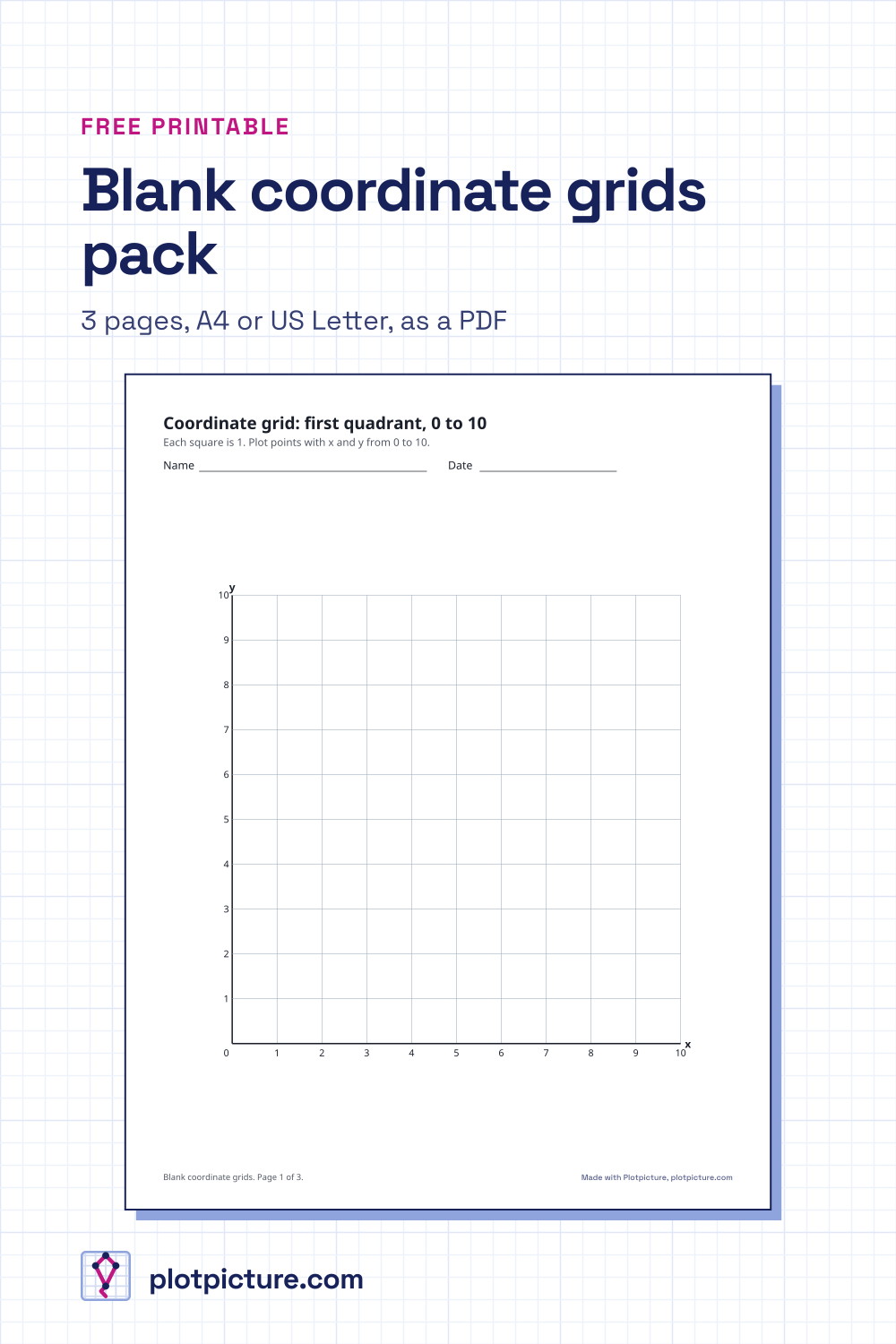 The first page of the blank coordinate grids pack: a labelled first quadrant grid from 0 to 10 with name and date lines.